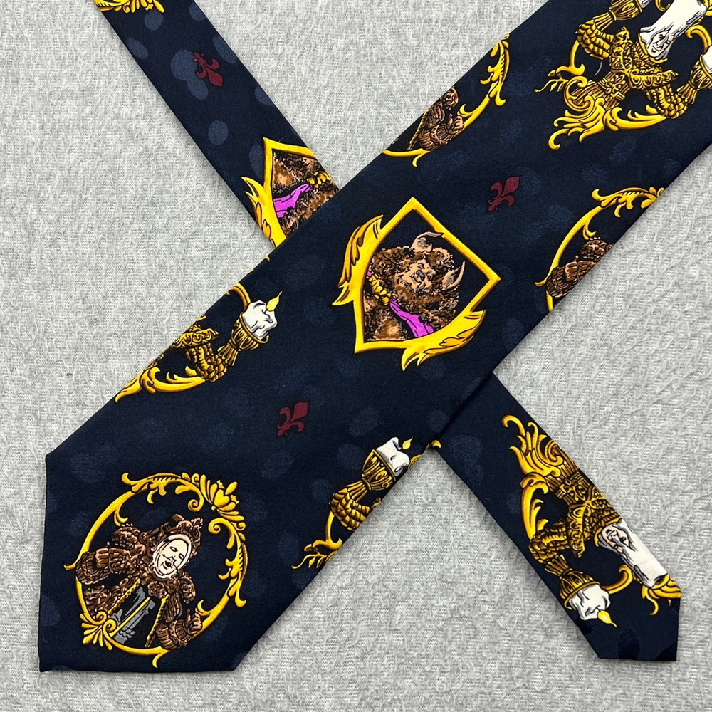 Disney Beauty and the Beast Tie Navy Blue 100% Silk Crest Characters Lumiere